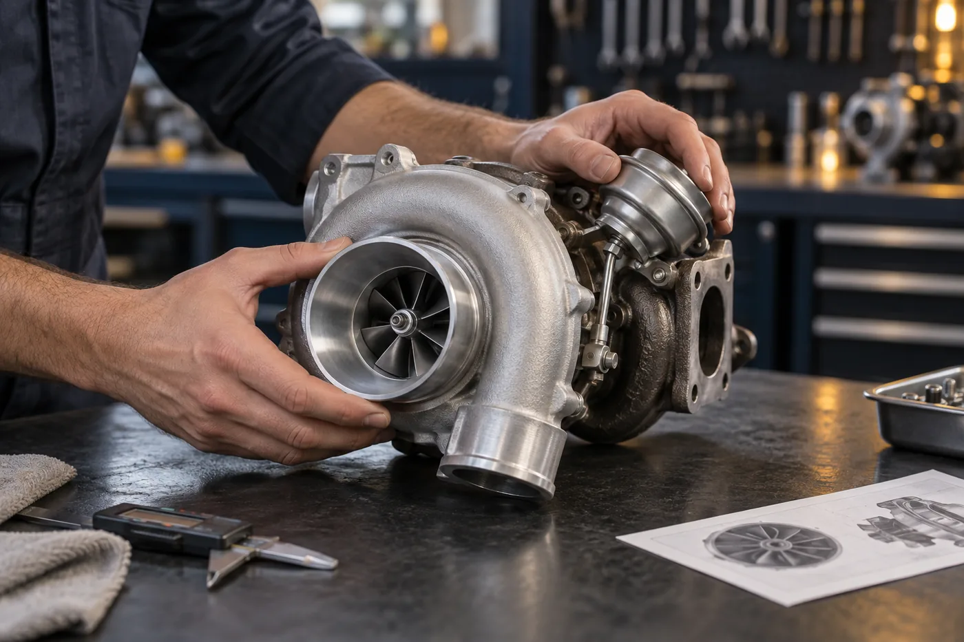 Turbocompresseur posé sur un établi, à côté d’un pied à coulisse et d’un plan de la roue