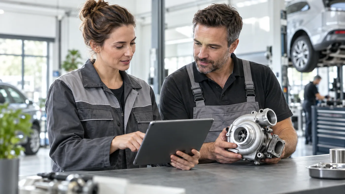 Deux professionnels de l’automobile examinant un turbocompresseur et sa référence