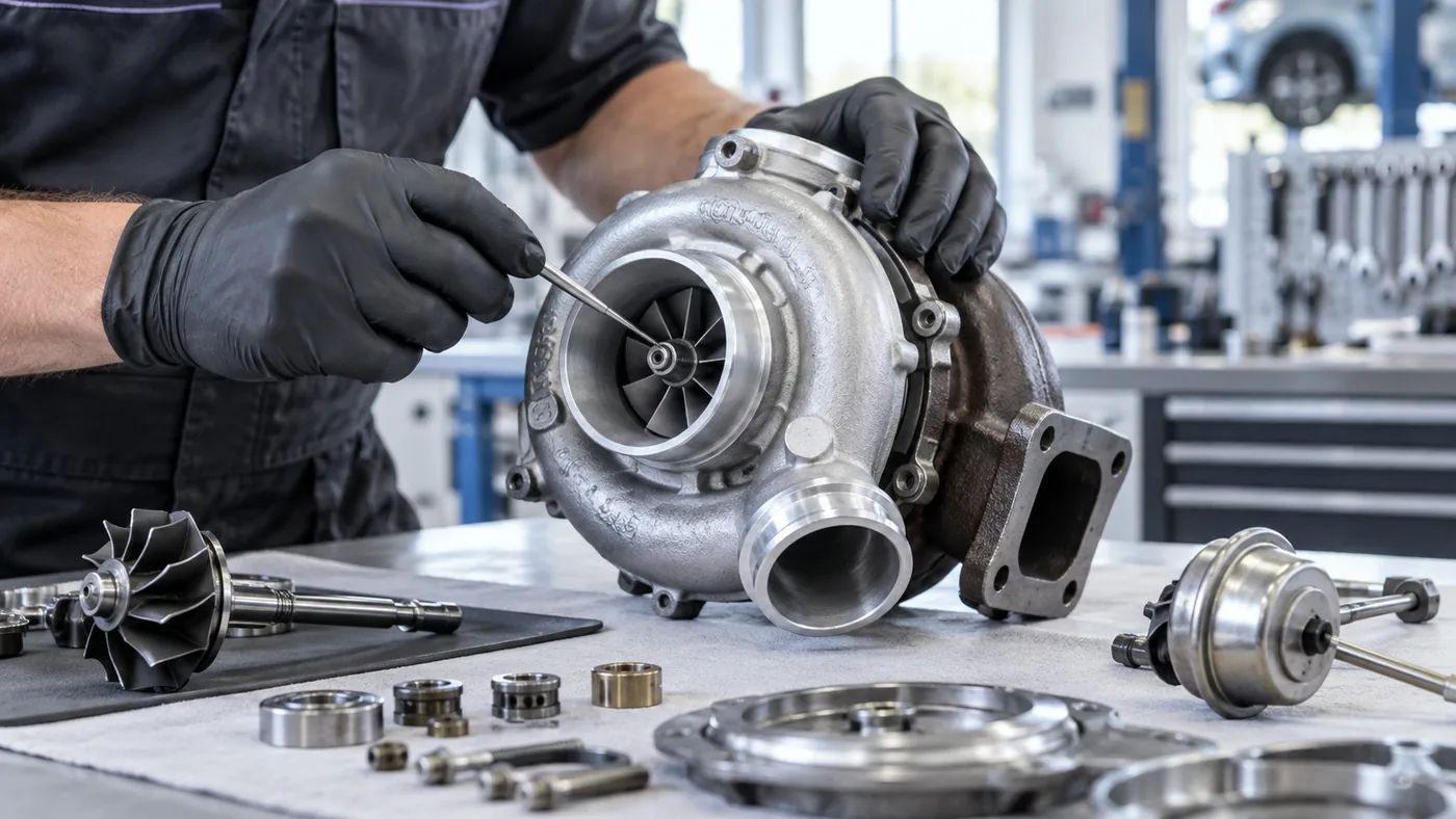 Technicien contrôlant un turbocompresseur en atelier